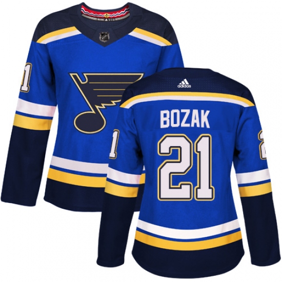 Women's Adidas St. Louis Blues 21 Tyler Bozak Authentic Royal Blue Home NHL Jersey