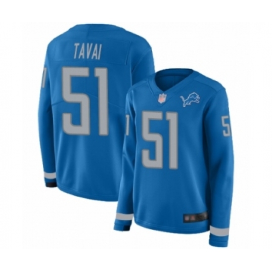 Women's Detroit Lions 51 Jahlani Tavai Limited Blue Therma Long Sleeve Football Jersey