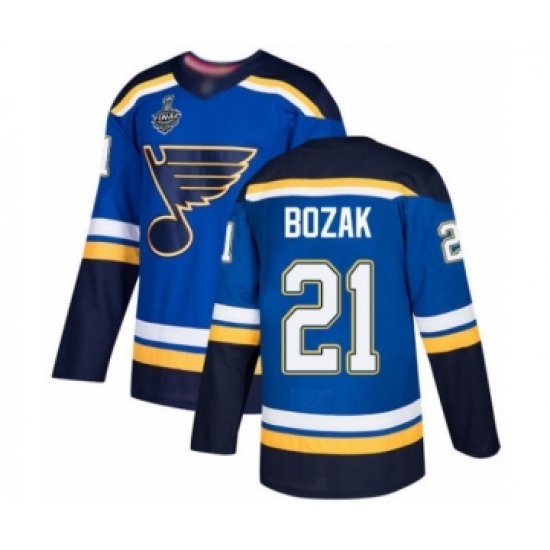 Men's St. Louis Blues 21 Tyler Bozak Authentic Royal Blue Home 2019 Stanley Cup Final Bound Hockey Jersey