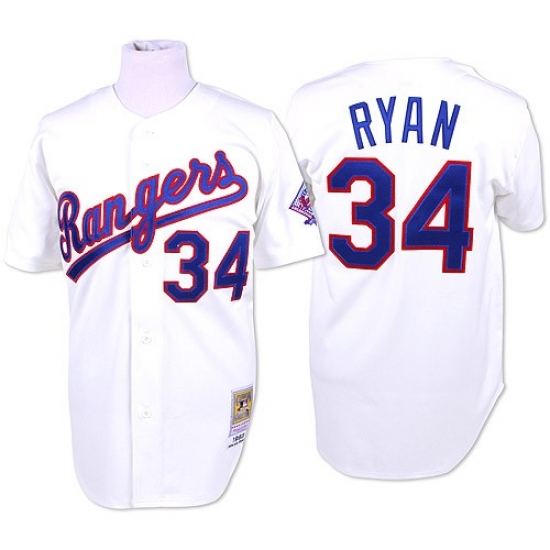 Men's Mitchell and Ness Texas Rangers 34 Nolan Ryan Replica White Throwback MLB Jersey