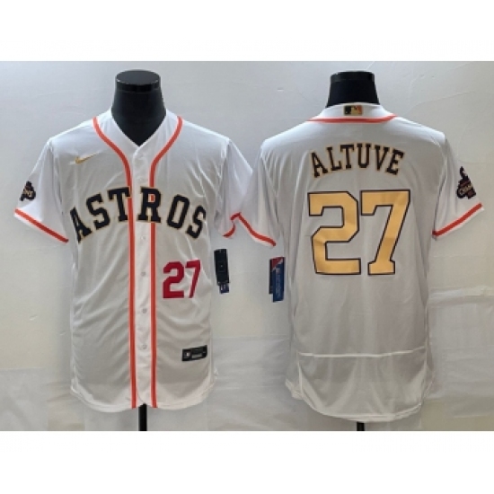 Men's Houston Astros 27 Jose Altuve Number 2023 White Gold World Serise Champions Flex Base Stitched Jersey2
