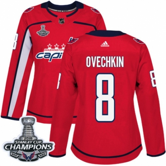 Women's Adidas Washington Capitals 8 Alex Ovechkin Authentic Red Home 2018 Stanley Cup Final Champions NHL Jersey