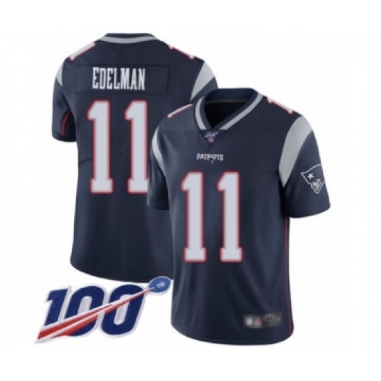Men's New England Patriots 11 Julian Edelman Navy Blue Team Color Vapor Untouchable Limited Player 100th Season Football Jersey