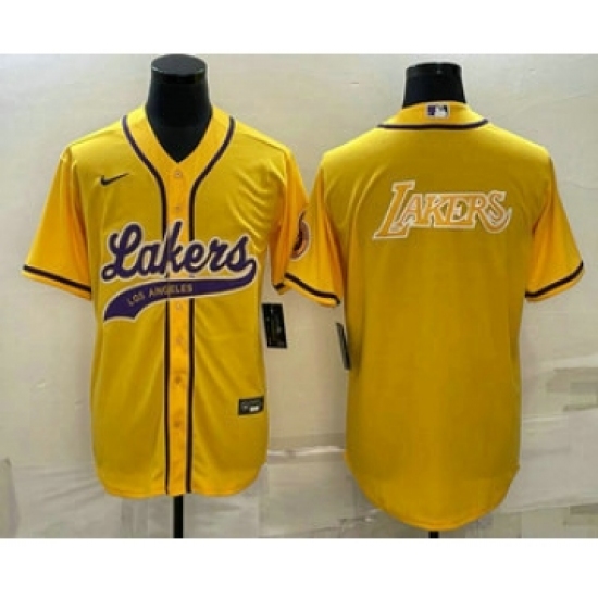 Men's Los Angeles Lakers Yellow Big Logo Cool Base Stitched Baseball Jersey