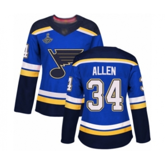 Women's St. Louis Blues 34 Jake Allen Authentic Royal Blue Home 2019 Stanley Cup Champions Hockey Jersey