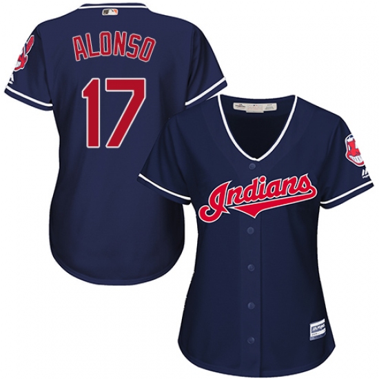 Women's Majestic Cleveland Indians 17 Yonder Alonso Replica Navy Blue Alternate 1 Cool Base MLB Jersey
