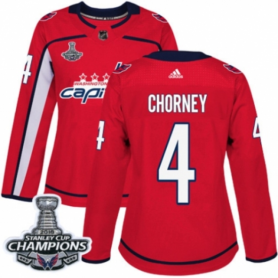 Women's Adidas Washington Capitals 4 Taylor Chorney Authentic Red Home 2018 Stanley Cup Final Champions NHL Jersey