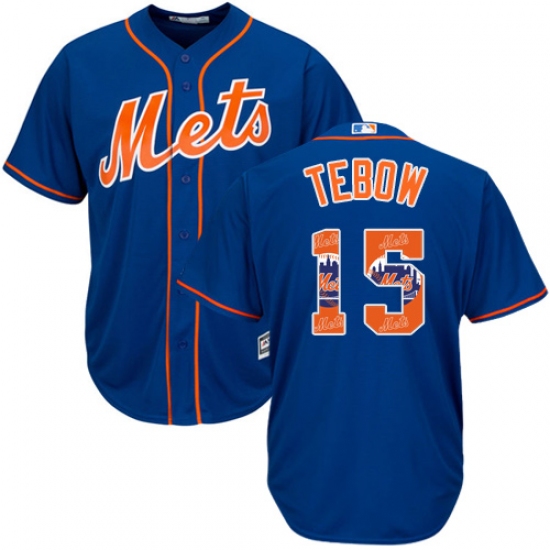 Men's Majestic New York Mets 15 Tim Tebow Authentic Royal Blue Team Logo Fashion Cool Base MLB Jersey