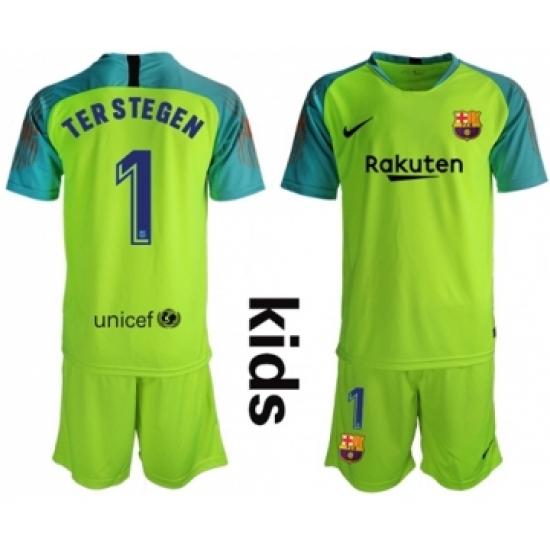 Barcelona 1 Ter Stegen Shiny Green Goalkeeper Kid Soccer Club Jersey