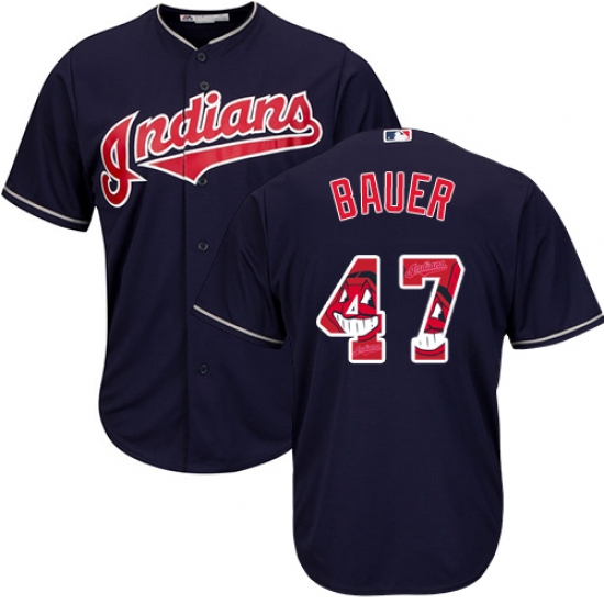 Men's Majestic Cleveland Indians 47 Trevor Bauer Authentic Navy Blue Team Logo Fashion Cool Base MLB Jersey