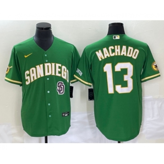 Men's San Diego Padres 13 Manny Machado Green Cool Base Stitched Baseball Jersey 1