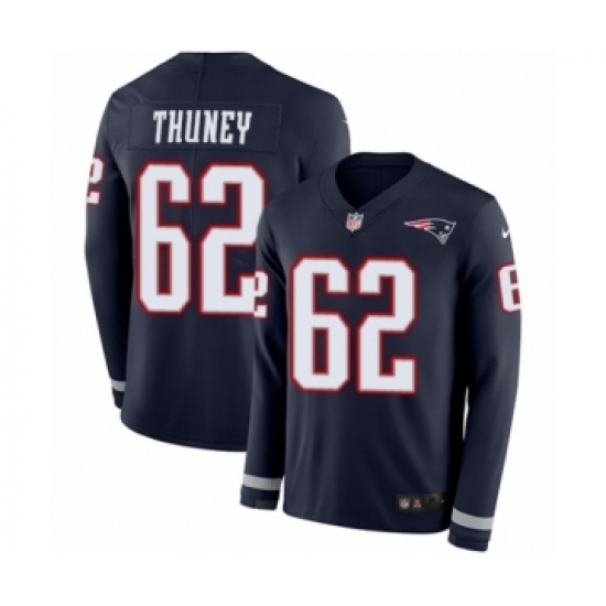 Men's Nike New England Patriots 62 Joe Thuney Limited Navy Blue Therma Long Sleeve NFL Jersey