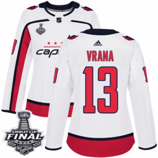 Women's Adidas Washington Capitals 13 Jakub Vrana Authentic White Away 2018 Stanley Cup Final NHL Jersey