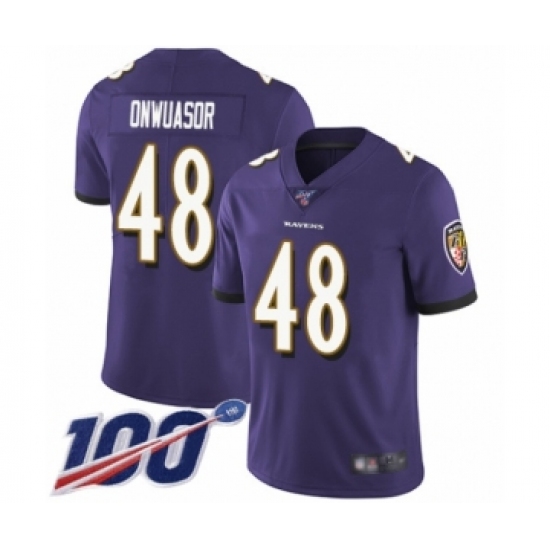 Men's Baltimore Ravens 48 Patrick Onwuasor Purple Team Color Vapor Untouchable Limited Player 100th Season Football Jersey