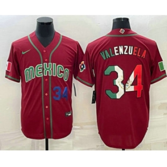 Mens Mexico Baseball 34 Fernando Valenzuela Number 2023 Red Blue World Baseball Classic Stitched Jersey