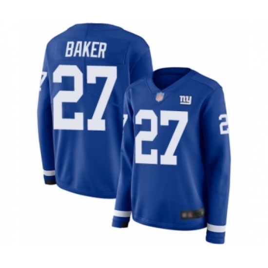 Women's New York Giants 27 Deandre Baker Limited Royal Blue Therma Long Sleeve Football Jersey