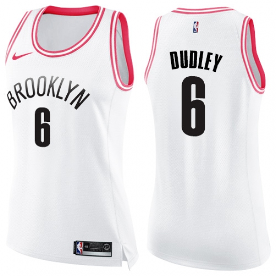 Women's Nike Brooklyn Nets 6 Jared Dudley Swingman White Pink Fashion NBA Jersey