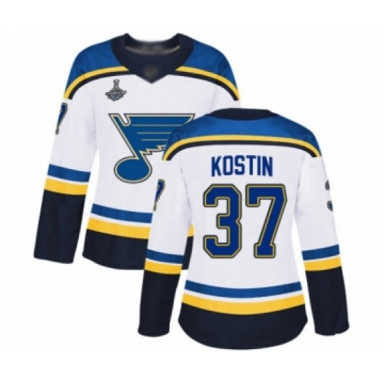 Women's St. Louis Blues 37 Klim Kostin Authentic White Away 2019 Stanley Cup Champions Hockey Jersey