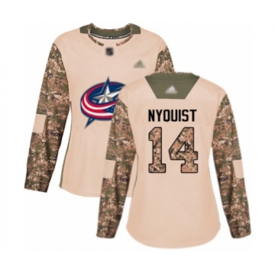 Women's Columbus Blue Jackets 14 Gustav Nyquist Authentic Camo Veterans Day Practice Hockey Jersey