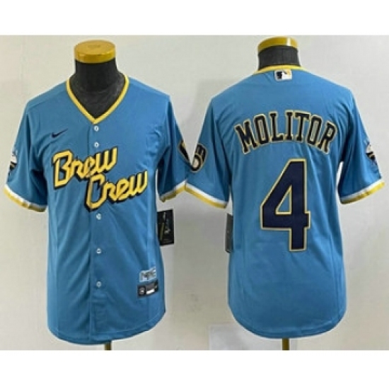 Youth Milwaukee Brewers 4 Paul Molitor Blue 2022 City Connect Cool Base Stitched Jersey