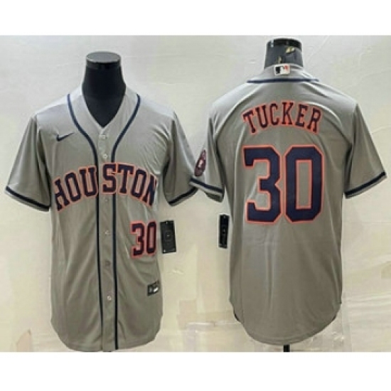 Men's Houston Astros 30 Kyle Tucker Number Grey With Patch Stitched MLB Cool Base Nike Jersey