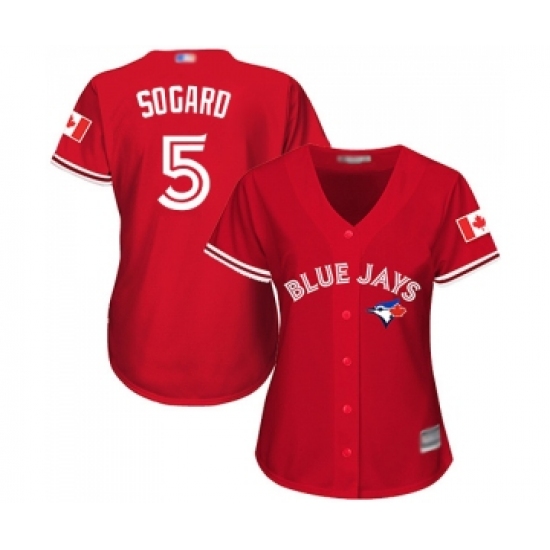 Women's Toronto Blue Jays 5 Eric Sogard Replica Scarlet Alternate Baseball Jersey