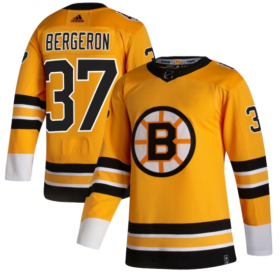 Men's Boston Bruins 37 Patrice Bergeron adidas Yellow 2020-21 Reverse Retro Authentic Player Jersey