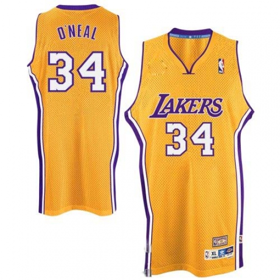 Men's Adidas Los Angeles Lakers 34 Shaquille O'Neal Authentic Gold Throwback NBA Jersey