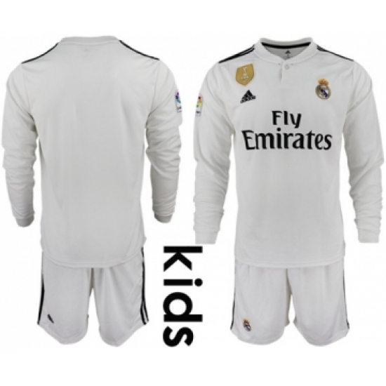 Real Madrid Blank Home Long Sleeves Kid Soccer Club Jersey