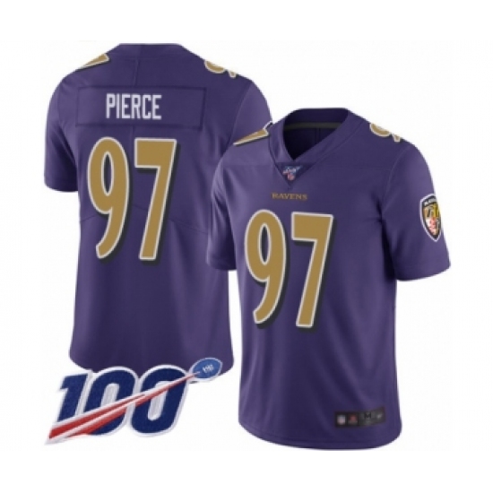 Men's Baltimore Ravens 97 Michael Pierce Limited Purple Rush Vapor Untouchable 100th Season Football Jersey