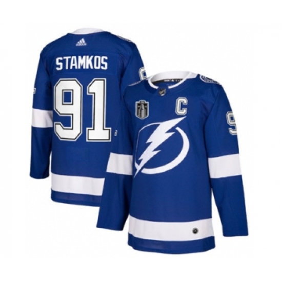 Men's Tampa Bay Lightning 91 Steven Stamkos 2022 Blue Stanley Cup Final Patch Stitched Jersey