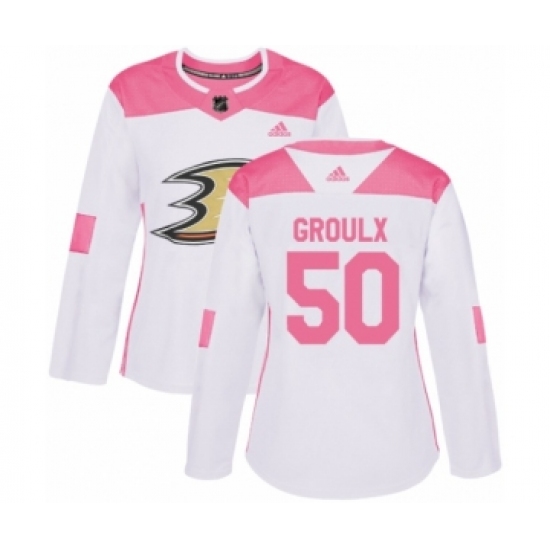 Women's Adidas Anaheim Ducks 50 Benoit-Olivier Groulx Authentic White Pink Fashion NHL Jersey