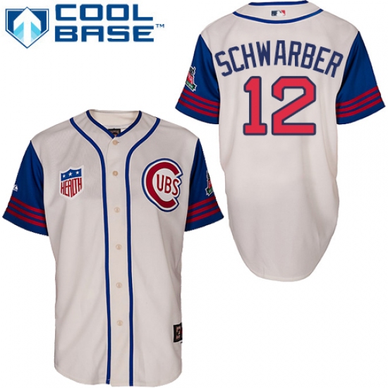 Men's Majestic Chicago Cubs 12 Kyle Schwarber Replica Cream/Blue 1942 Turn Back The Clock MLB Jersey