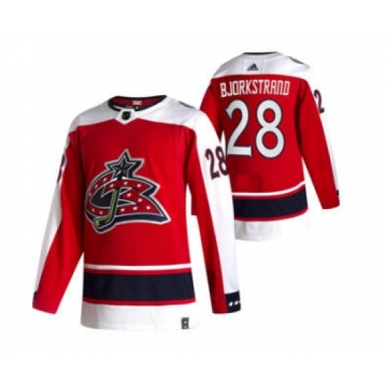 Men's Columbus Blue Jackets 28 Oliver Bjorkstrand Red 2020-21 Reverse Retro Alternate Hockey Jersey