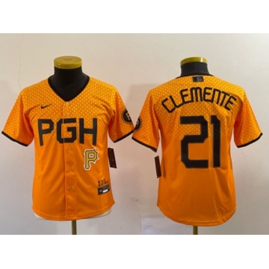 Youth Nike Pittsburgh Pirates 21 Roberto Clemente Yellow 2023 City Connect Stitched Jersey1