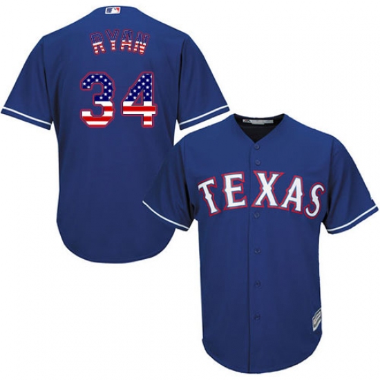 Men's Majestic Texas Rangers 34 Nolan Ryan Replica Royal Blue USA Flag Fashion MLB Jersey