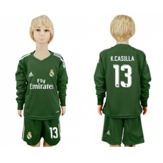 Real Madrid 13 K.Casilla Green Goalkeeper Long Sleeves Kid Soccer Club Jersey