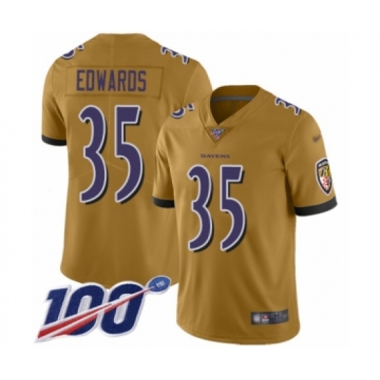 Men's Baltimore Ravens 35 Gus Edwards Limited Gold Inverted Legend 100th Season Football Jersey