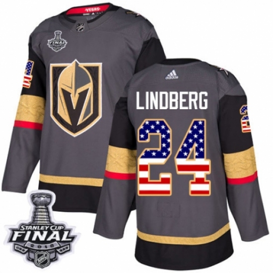 Youth Adidas Vegas Golden Knights 24 Oscar Lindberg Authentic Gray USA Flag Fashion 2018 Stanley Cup Final NHL Jersey