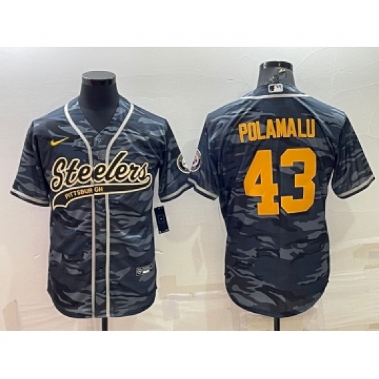 Men's Pittsburgh Steelers 43 Troy Polamalu Grey Navy Camo With Patch Cool Base Stitched Baseball Jersey