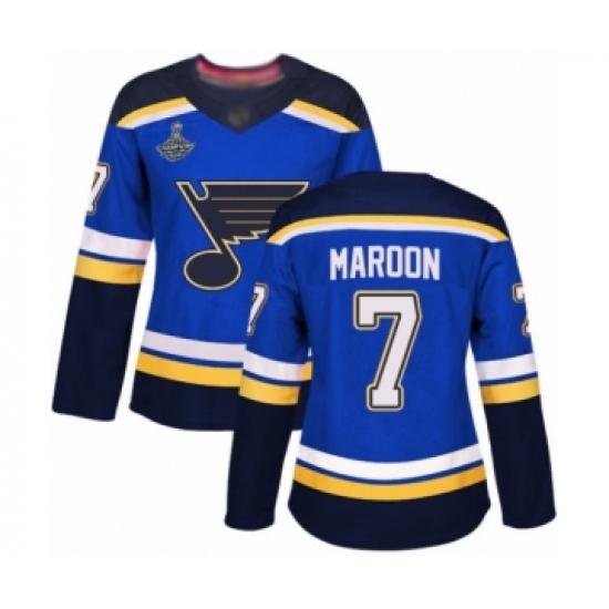 Women's St. Louis Blues 7 Patrick Maroon Authentic Royal Blue Home 2019 Stanley Cup Champions Hockey Jersey