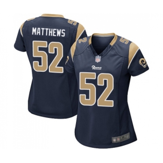 Women's Los Angeles Rams 52 Clay Matthews Game Navy Blue Team Color Football Jersey