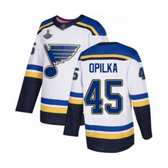 Youth St. Louis Blues 45 Luke Opilka Authentic White Away 2019 Stanley Cup Champions Hockey Jersey