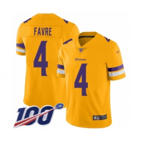 Men's Minnesota Vikings 4 Brett Favre Limited Gold Inverted Legend 100th Season Football Jersey