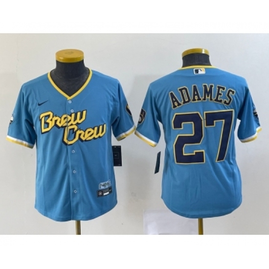 Youth Milwaukee Brewers 27 Willy Adames Blue 2022 City Connect Cool Base Stitched Jersey