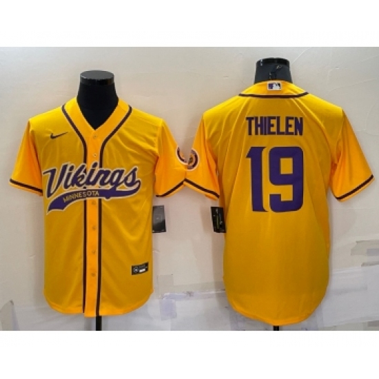 Men's Minnesota Vikings 19 Adam Thielen Yellow With Patch Cool Base Stitched Baseball Jersey