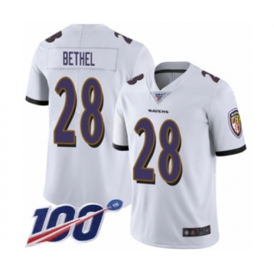 Men's Baltimore Ravens 28 Justin Bethel White Vapor Untouchable Limited Player 100th Season Football Jersey