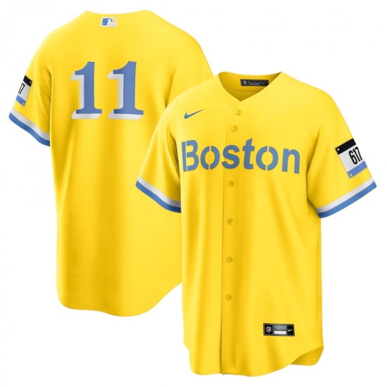 Men's Boston Red Sox 11 Rafael Devers Nike Gold-Light Blue 2021 City Connect Replica Player Jersey