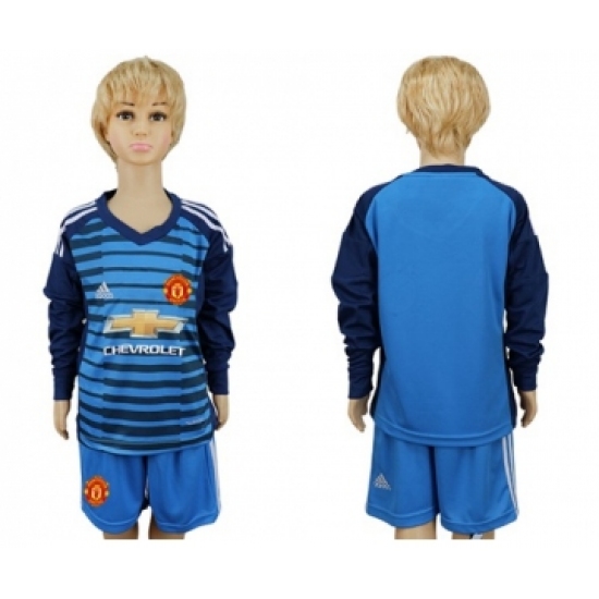 Manchester United Blank Blue Long Sleeves Kid Soccer Club Jersey