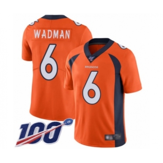 Men's Denver Broncos 6 Colby Wadman Orange Team Color Vapor Untouchable Limited Player 100th Season Football Jersey